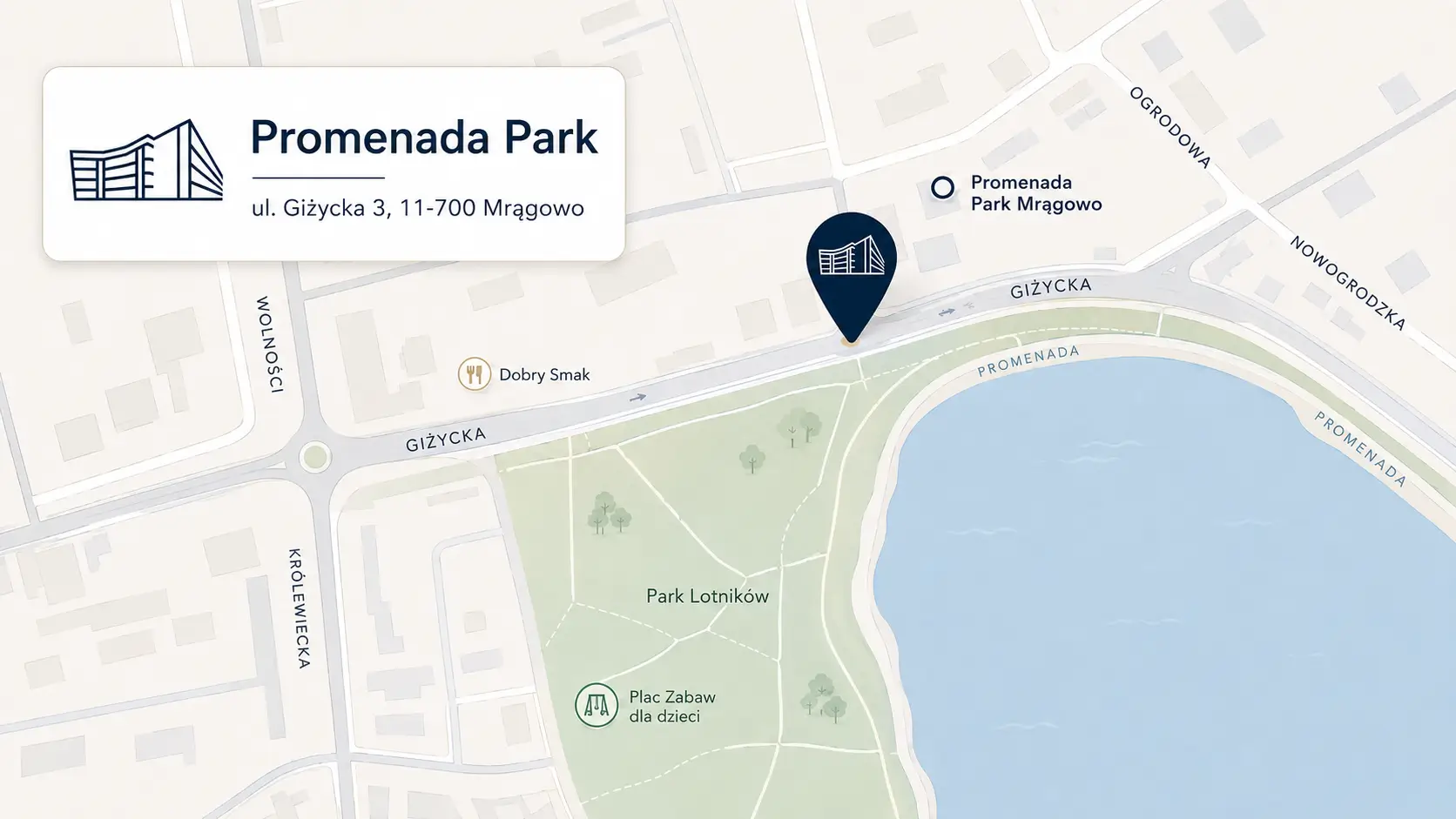 Mapa lokalizacji Promenada Park przy ul. Giżyckiej 3 w Mrągowie, blisko amfiteatru